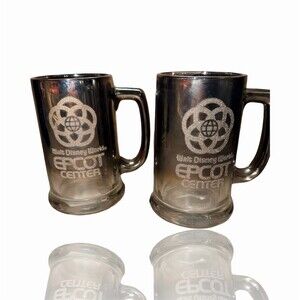 Vintage Disney EPCOT Center Mirrored Silver Glass Beer Stein Mug Lot of 2